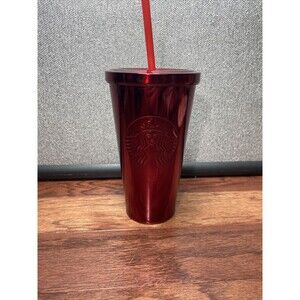 Starbucks 2014 Christmas Holiday Metallic Red Chiseled Tumbler 16 Oz Cold Cup